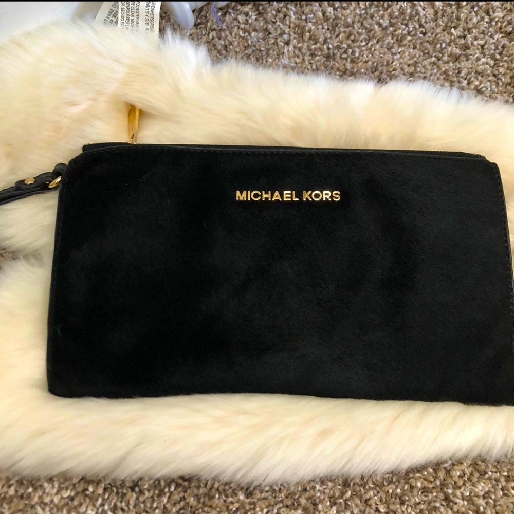 Michael Kors Bedford Black Calf hair Zip Wristlet Clutch